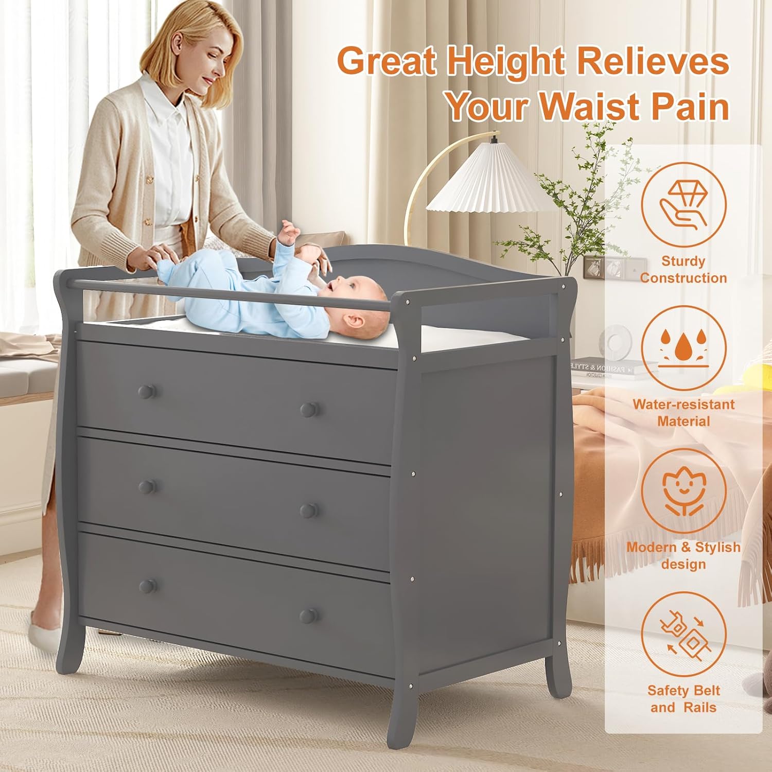 Baby Nursery Table - 3단 서랍 아기 기저귀 교환대, 안전벨트