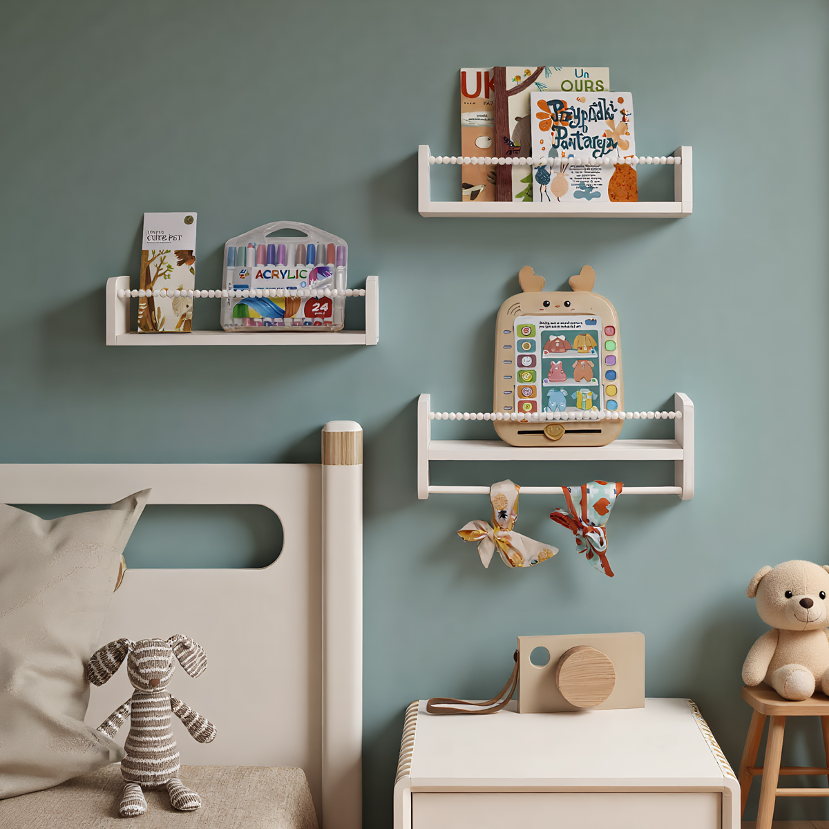 Baby Nursery Floating Shelves - 벽걸이형 아기 책꽂이, 원목 벽걸이 책장,