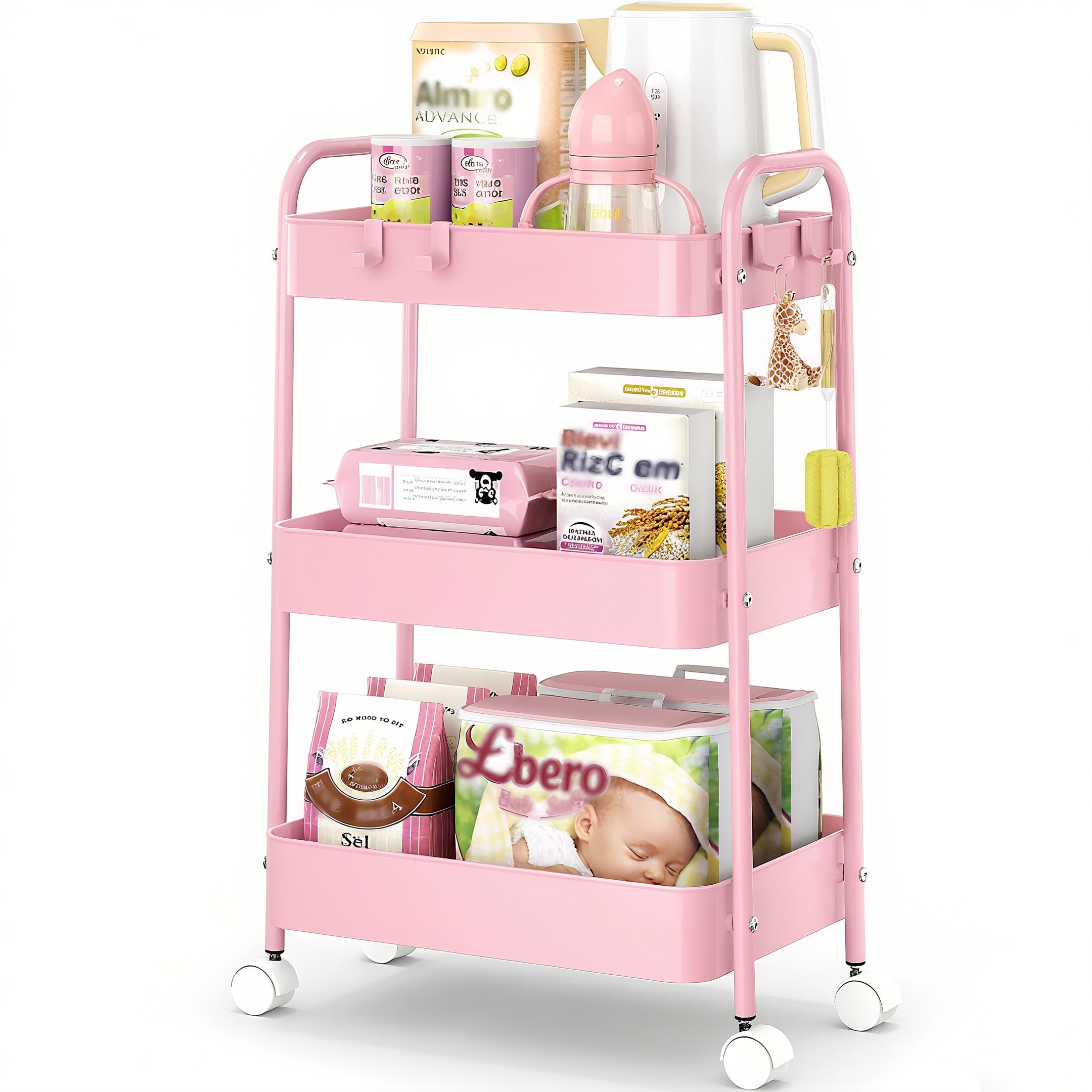 3단 금속 롤링 카트(바퀴 포함) 모던 핑크 유틸리티  - Baby Nursery Essentials 리뷰 및 가격